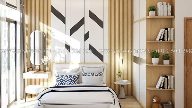 Phòng ngủ vách ốp lam gỗ và giường bọc nệm — thiết kế Bảo Sơn